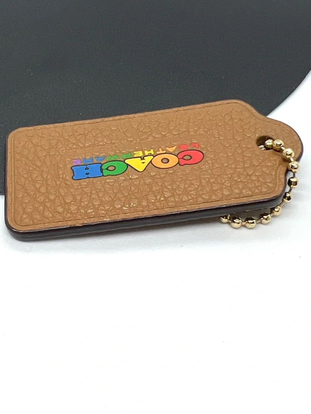 Coach Rainbow Pride Leatherware Hang Tag Bag Charm Saddle Brown Gold EUC